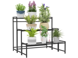 Suporte de Plantas de Três Níveis com Escada, Estrutura Metálica Resistente para Interior e Exterior