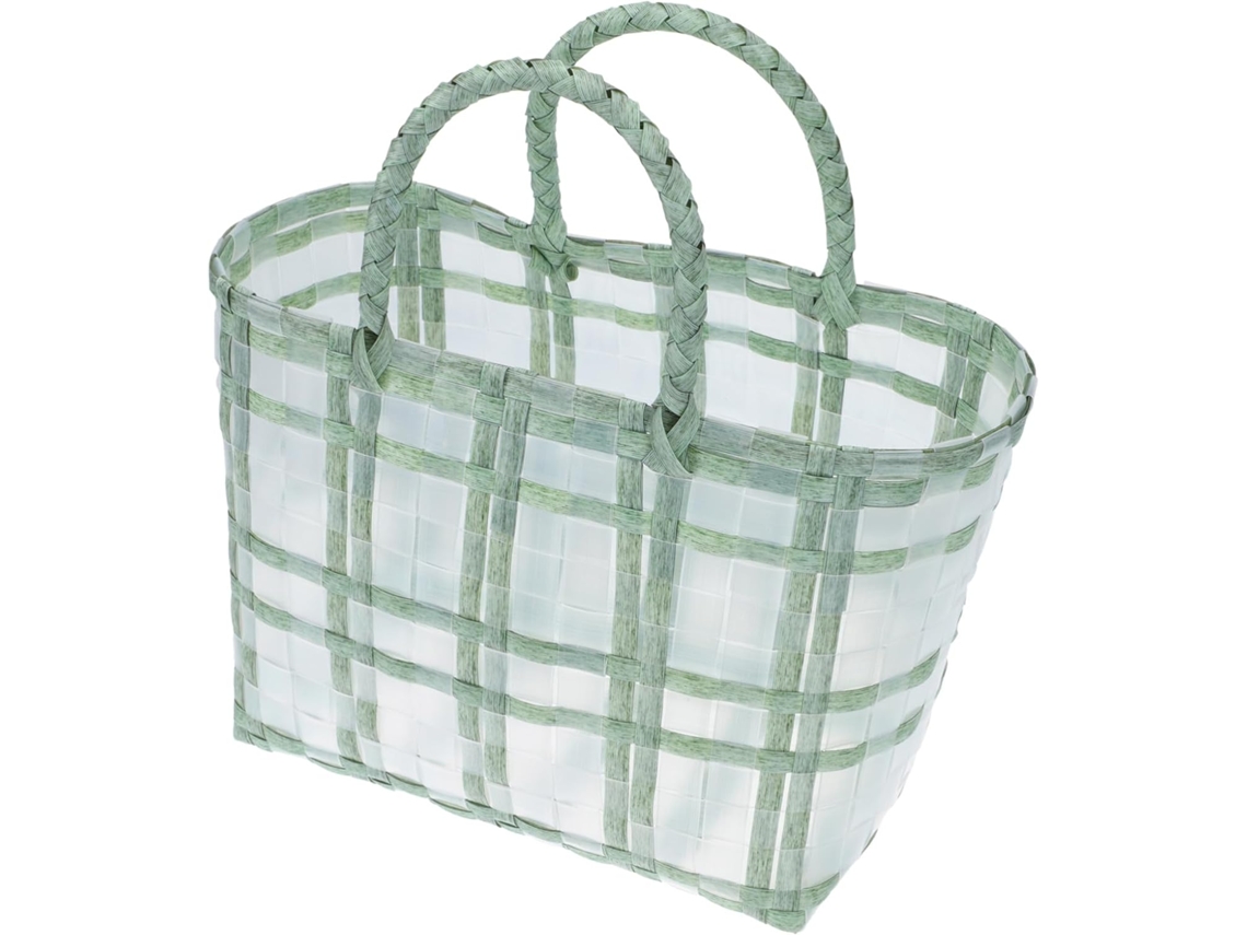 Pequena Sacola De Compras Verde, Tecida À Mão, Em Plástico Transparente, Tipo Cesta.