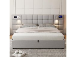 Cama de Casal 180x200cm, hidráulica com baú, cabeceira estofada, USB, carregador sem fio, lâmpada embutida, linho cinza, KOMHTOM