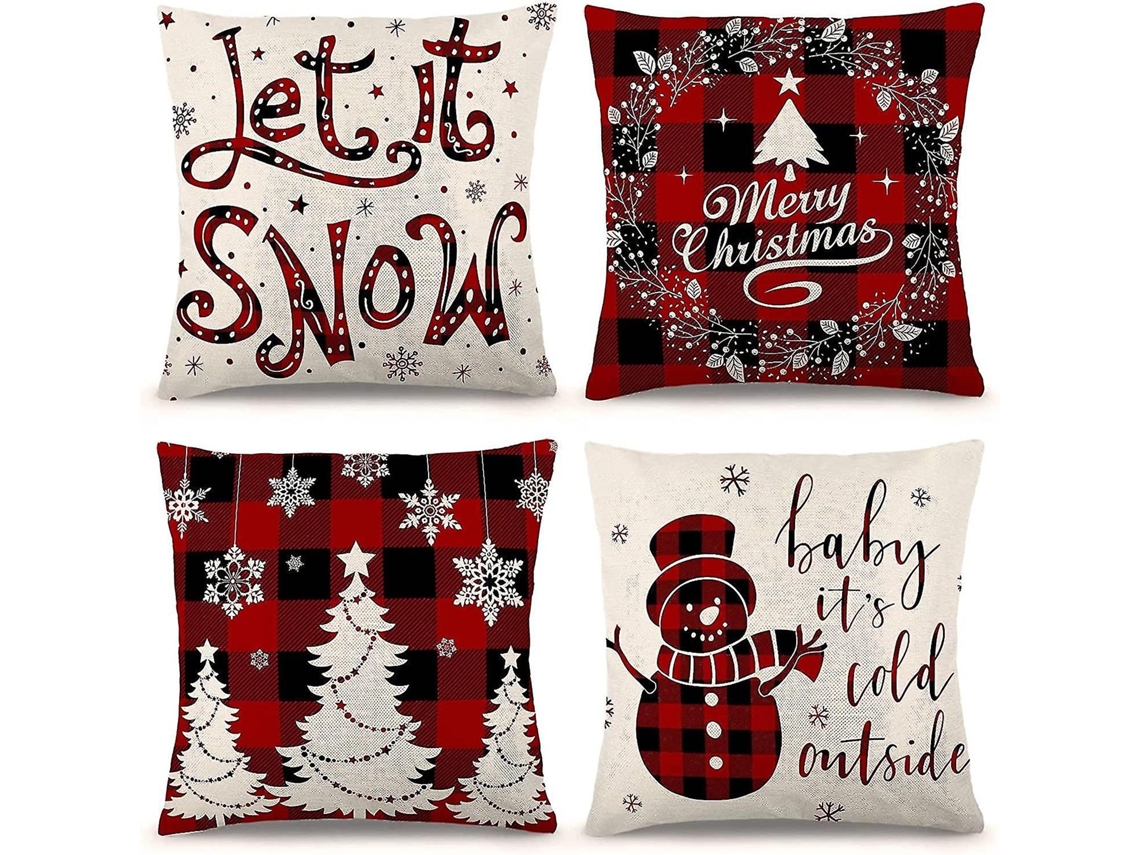Omni fundas de Almohada Navideñas 4 Unidades de Lino Campestre Con Cuadros Rojos Y Negros para Decoración Navideña Y Hogar