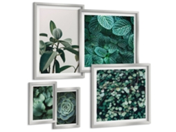Galeria De Pinturas Murais Plantas Folhosas, Viver, Rir, Amar Moldura Prateada Quadros Para O Escritório Espelharte (conjunto De 5 Imagens)