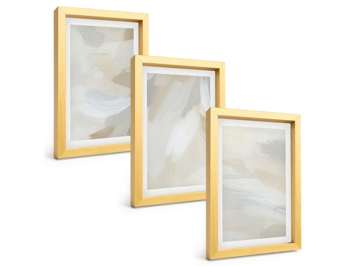 Conjunto De Pinturaspinceladas De Fundo Abstratas Moldura Dourada Quadros Para A Sala De Estar Espelharte (3 Peças 20x30 Cm)