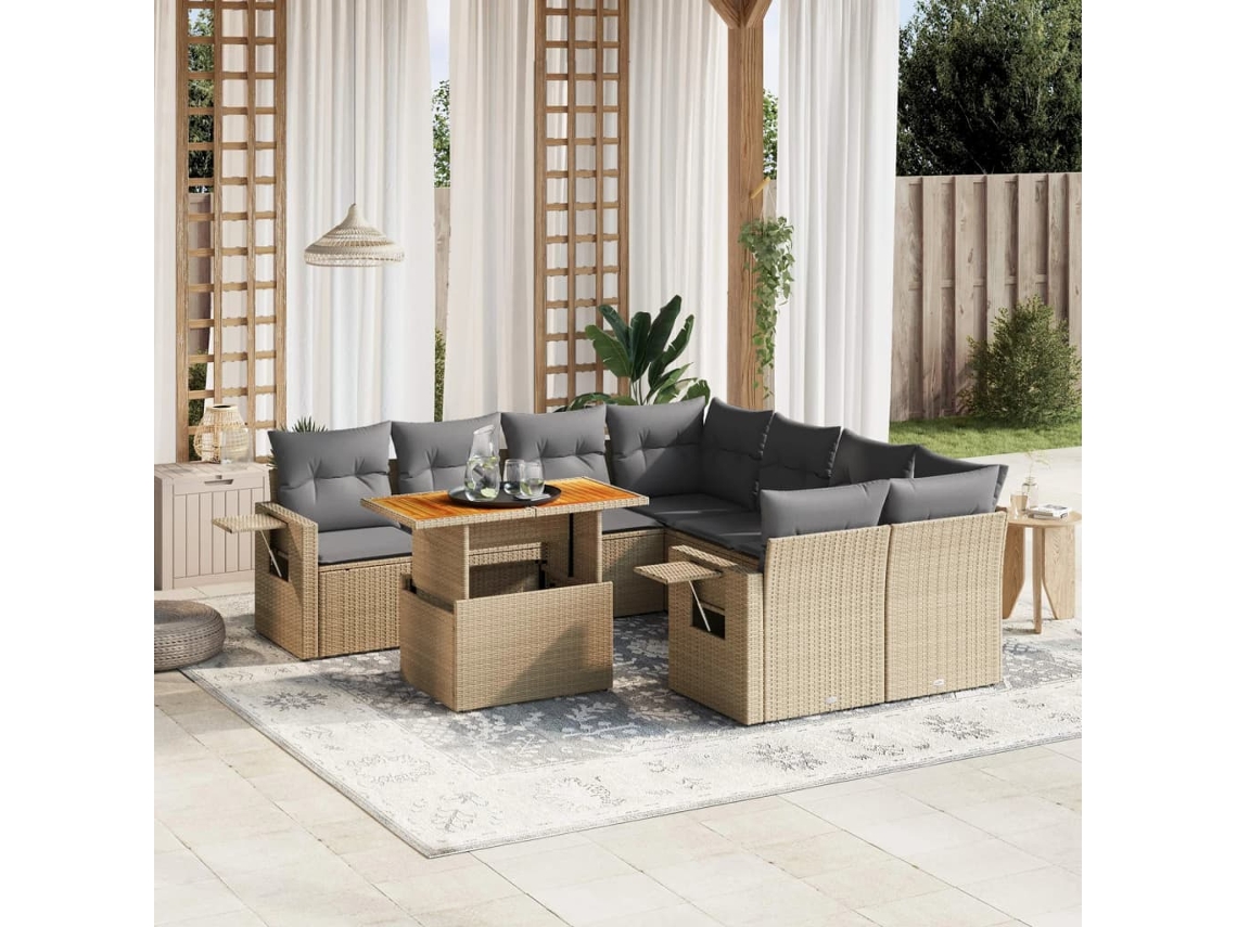 Vidaxl 9 Pcs Conjunto De Sofás P/ Jardim Com Almofadões Vime Pe Bege