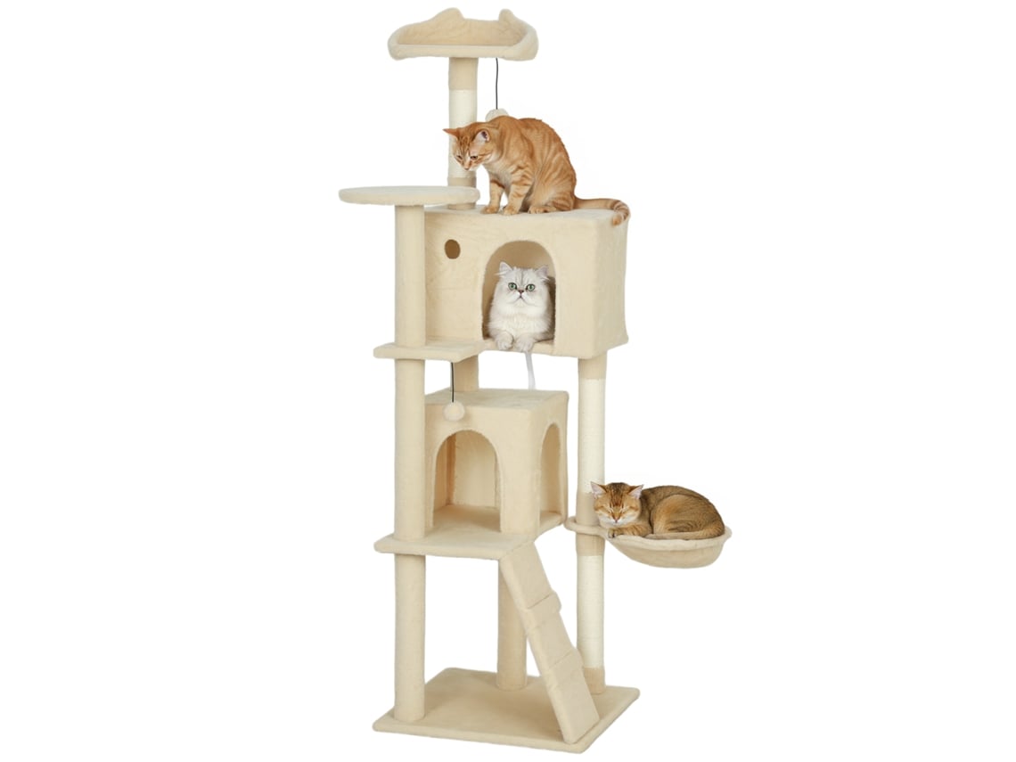Arranhador para Gatos de 160 Cm com Plataformas, Cama, 2 Tocas, Rede, Escada e Postes de Sisal Bege. ESSÊNCIACASA