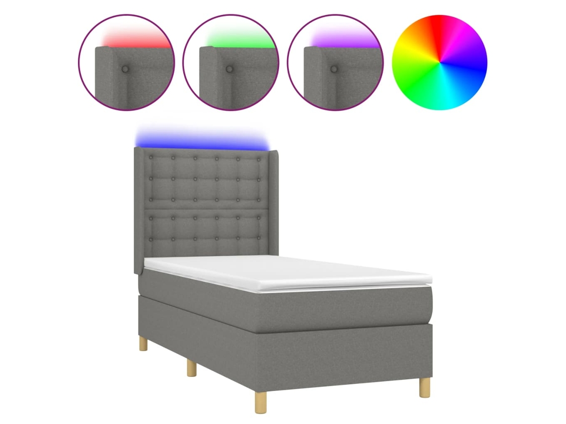 Cama Box Spring com Colchão e Led Tecido Cinza Escuro MAISON EXCLUSIVE (90x190 cm)