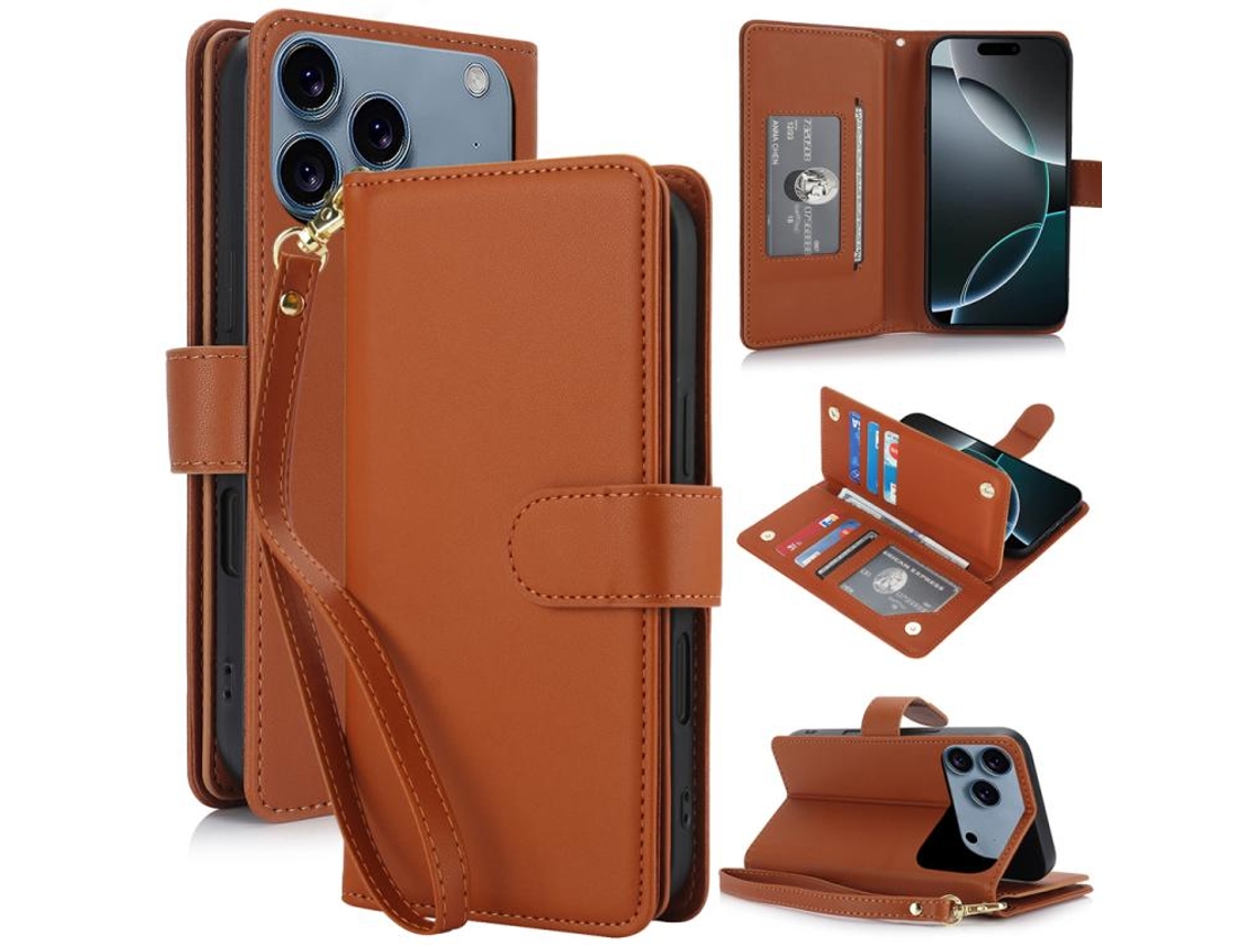 Capa Carteira De Couro Para Iphone 17 Pro - Com Rfid - Para Vários Cartões