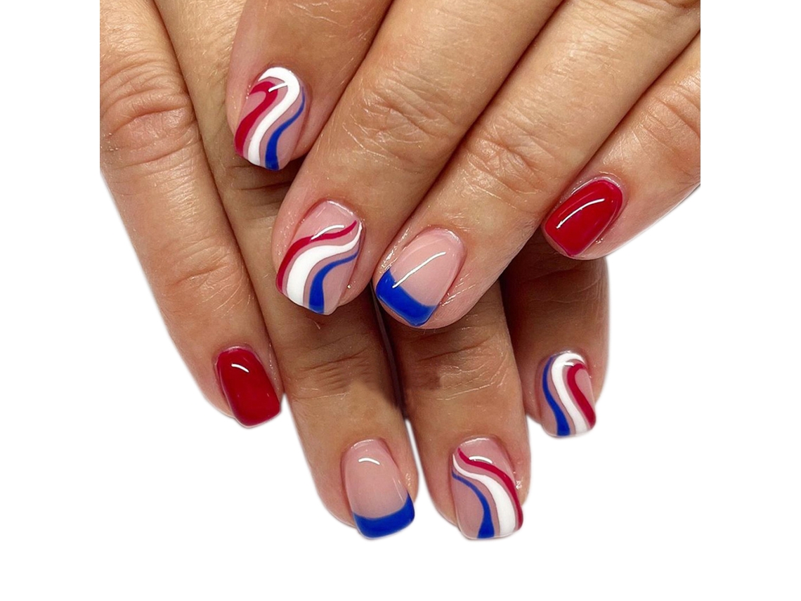 Tips para Unhas em Estilo Sombrio com Detalhes de Listras Vermelhas Azuis e Brancas Modelo Jf0571 com Gel de Geléia