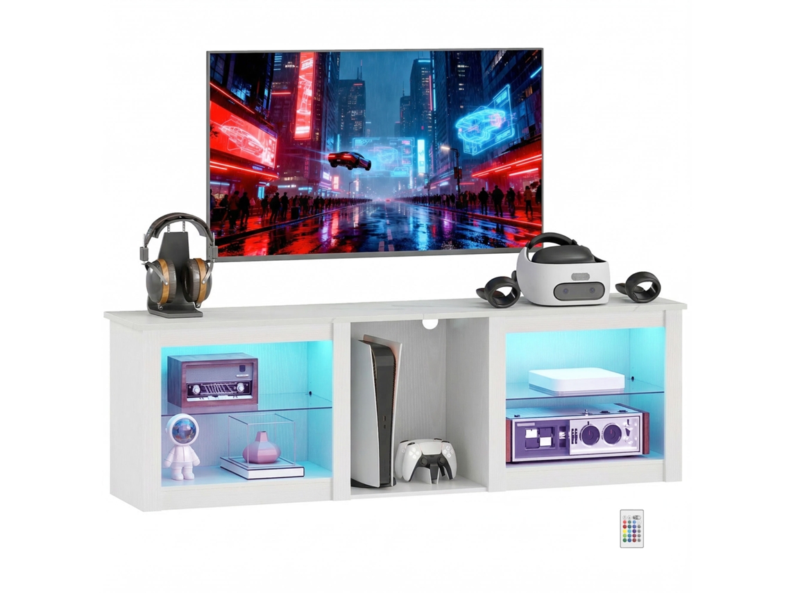 Móvel para TV com luz LED para televisores até 70 polegadas, 160cm com prateleiras de vidro ajustáveis, branco BTFORUS