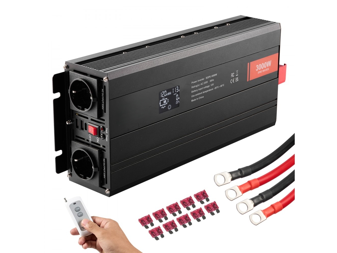 Inversor De Onda Pura 3000w 12v Para 230v Com Usb, Tipo C, Lcd E Controlo Remoto Tekmaquinas