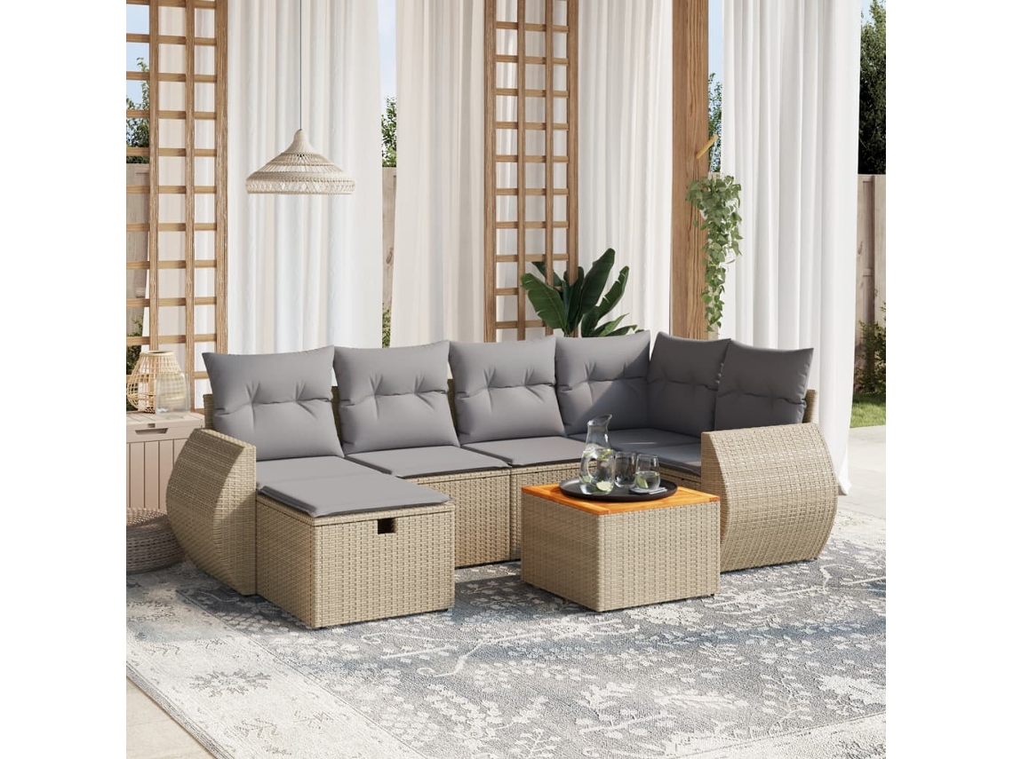 Vidaxl 7 Pcs Conj. Sofás Jardim C/ Almofadões Vime Pe Bege Misturado