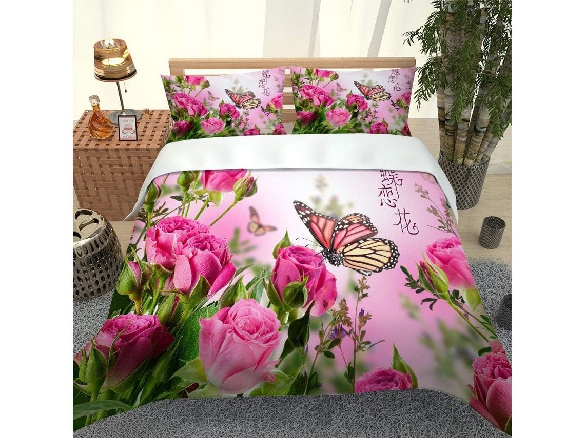 Capa de Edredom com Estampa Flores e Borboletas em Microfibra Fronha 240x260cm