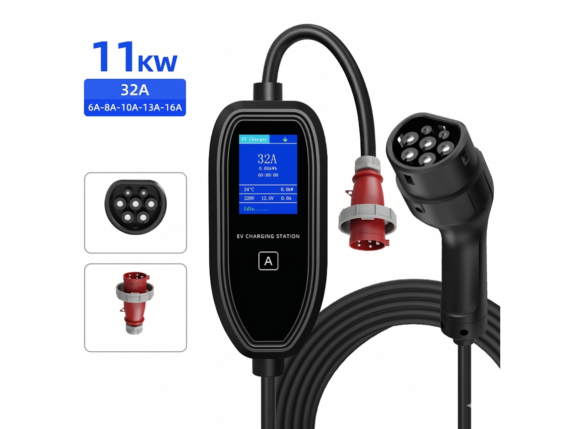 Carregador Portátil Carro Elétrico Tipo 2 SZSMART K09 11kw 16a Trifásico Ajustável, App/ecrã Led, Ficha Cee 16a, Cabo 5m