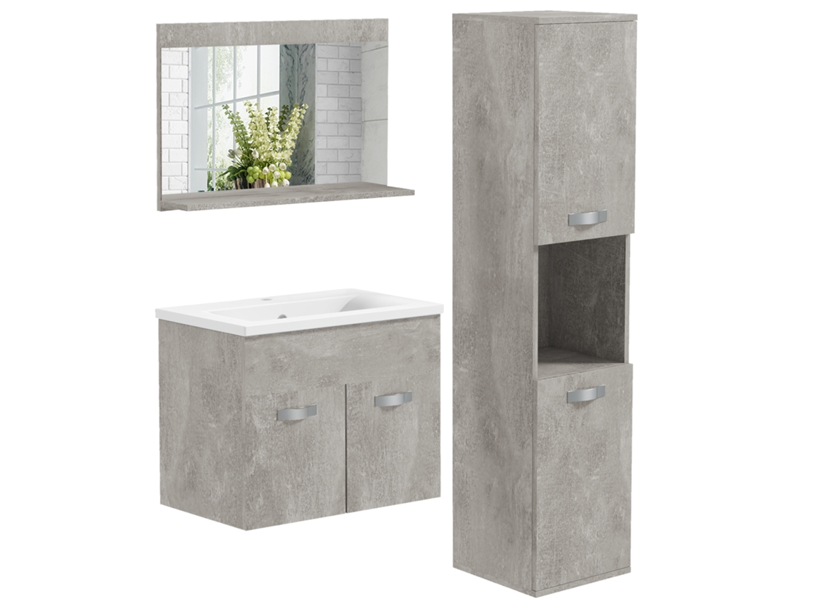 Conjunto de Móveis para Banheiro 4 Peças com Pia 60 Cm, Armário, Coluna e Espelho de Madeira, Cinza ZACHARY
