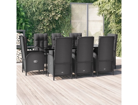 Conjunto de Jantar para Jardim com Almofadões Vime Pe Preto 9 Un