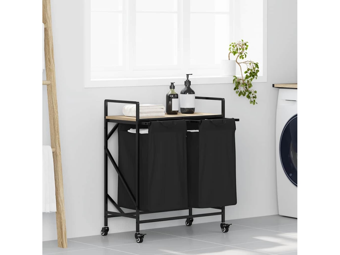 Vidaxl Cesto De Roupa Suja Com 2 Compartimentos E Rodas, Cor Carvalho Sonoma