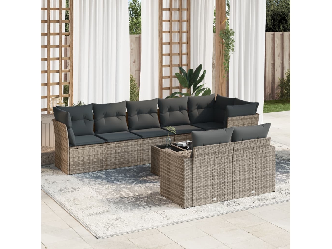 Vidaxl 9 Pcs Conjunto Sofás P/ Jardim Com Almofadões Vime Pe Cinzento