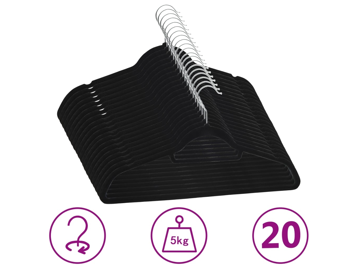Vidaxl 20 Pcs Conjunto De Cabides Antiderrapantes Veludo Preto