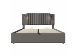 Cama estofada 180x200 cm - de casal com arrumação, cabeceira com luz e porta USB, encosto com design de tachas, base incluída - cinzenta
