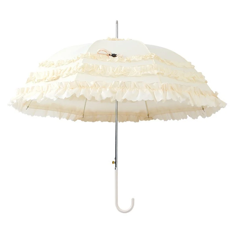 (branco 8k) Guarda-chuva Creative Lolita Princess Lace, Dupla Função Para Proteção Contra Sol E Chuva, Cabo Reto Com Alça Longa.