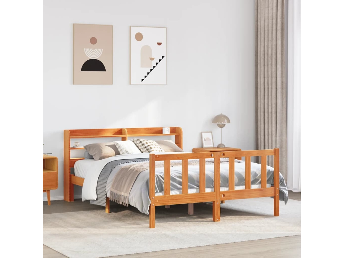 Estrutura Cama C/ Cabeceira 140x200cm Pinho Maciço Castanho-mel