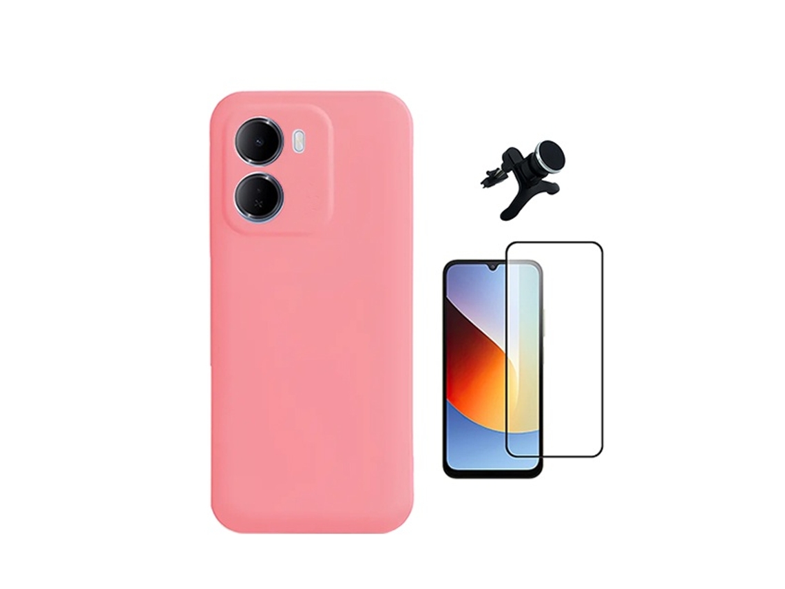Kit Vidro Temperado Capa Silicone Líquido Suporte Magnético Reforçado Phonecare Para Xiaomi Redmi 15a - Rosa