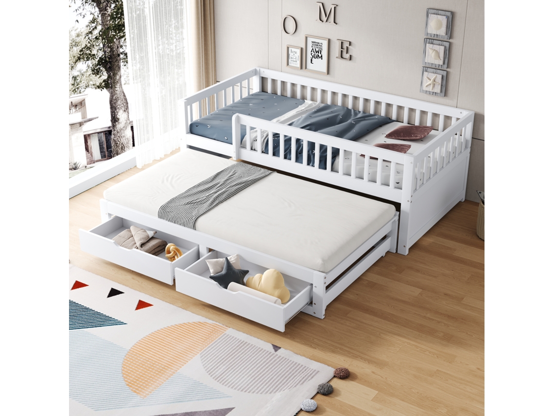 Sofá Cama Em Madeira Maciça 90 X 200 Cm Grade De Segurança Completa, Cama Extensível Com 2 Gavetas E Estrado Branco Mobrio