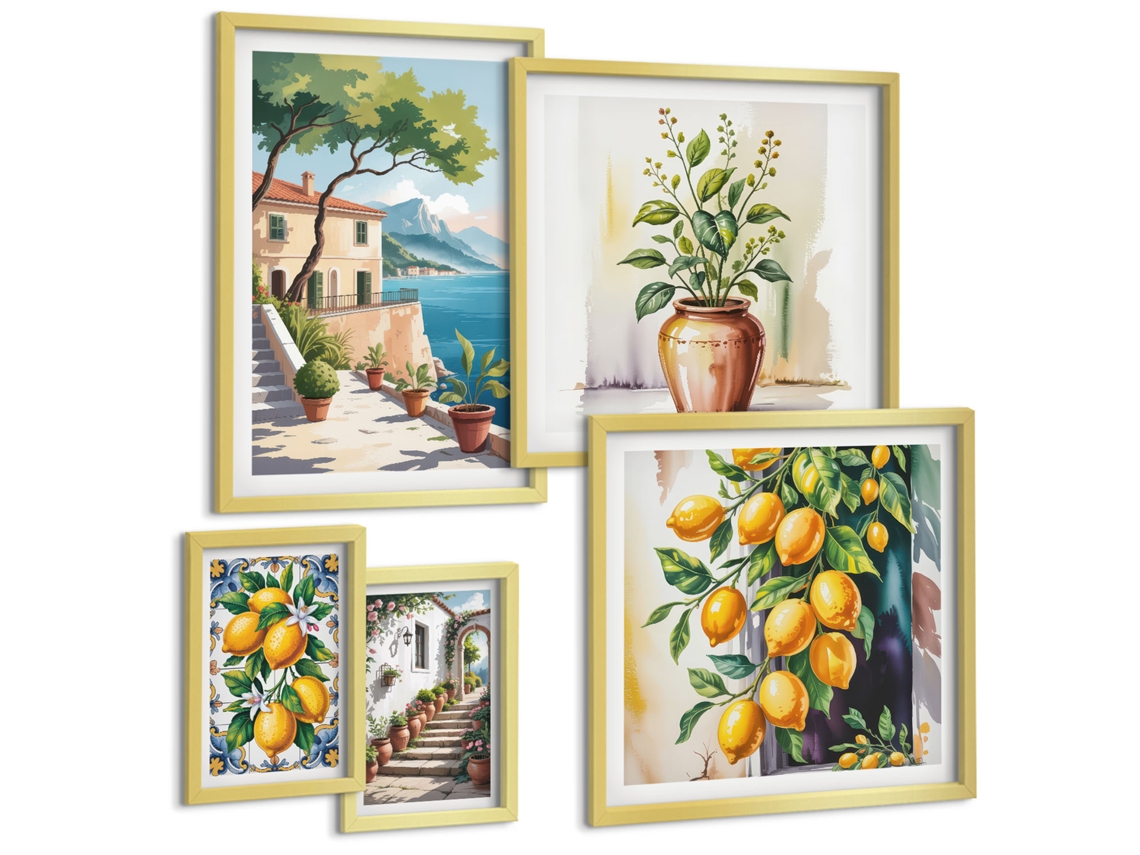 Galeria De Pinturas Murais Padrões De Plantas, Flores E Folhas Moldura Dourada Quadros Para O Escritório Espelharte (conjunto De 5 Imagens)