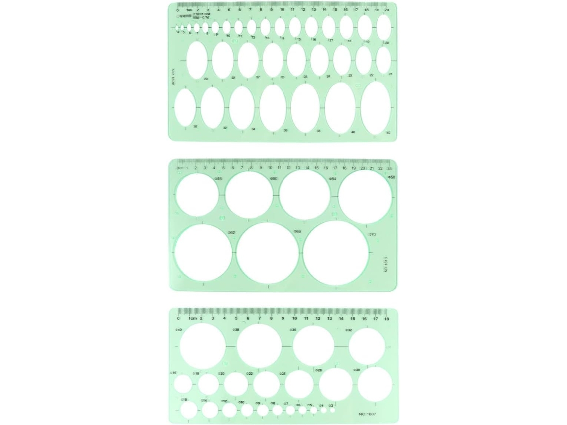 Conjunto de 3 réguas transparentes em ABS para desenhos geométricos, ideais para projetos artísticos e escolares.
