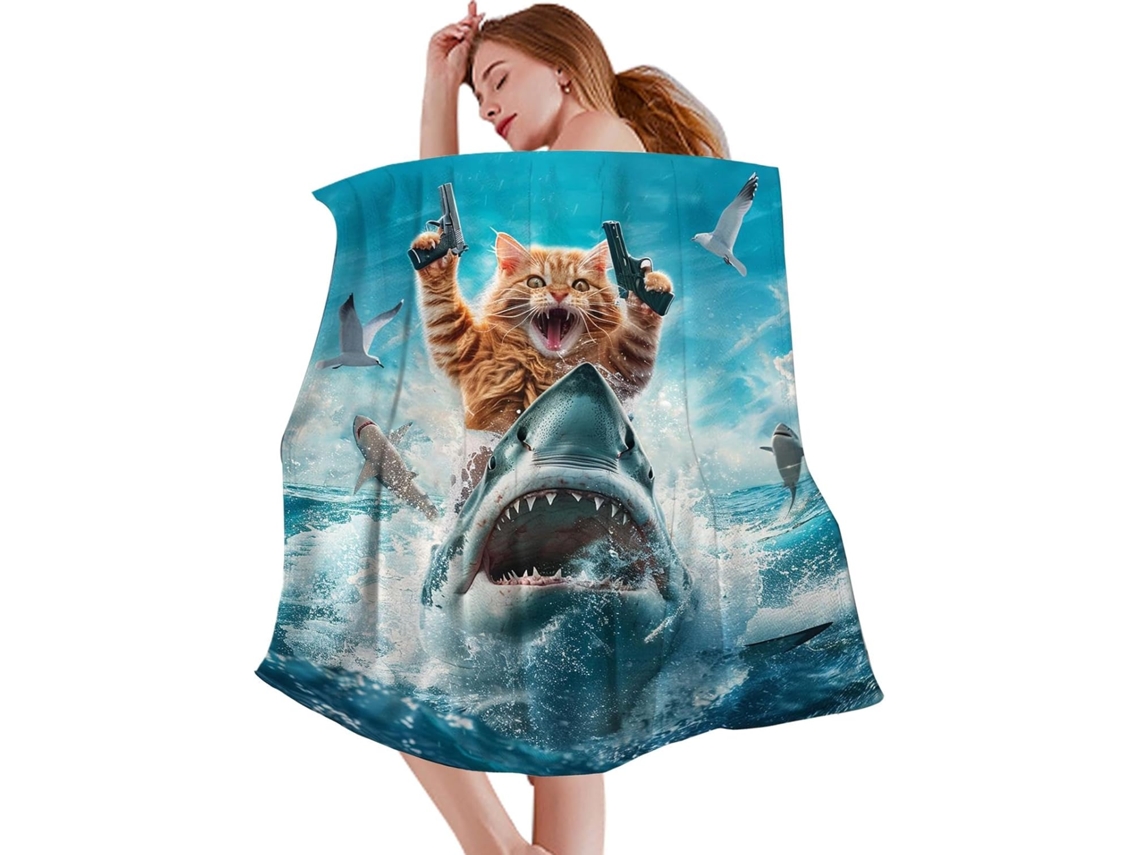 Manta com Estampa de Tubarão e Gato no Mar, Ultramacia Decoração para Sofá, Poltrona Cama Grande CHABERLU