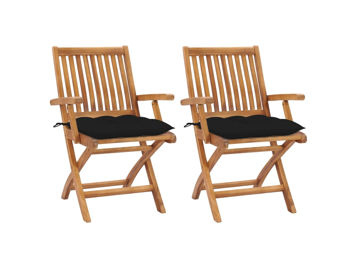 vidaXL Cadeiras de jardim c/ almofadões preto 2 pcs teca maciça