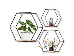 VYLARA Conjunto De Prateleiras Hexagonais Para Decoração De Parede, Prateleira Flutuante Geométrica Com Construção Em Ferro E Metal Estilo Rústico, Display D