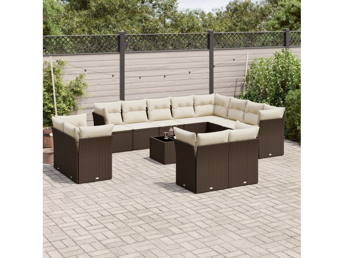 Vidaxl 13 Pcs Conjunto Sofás P/ Jardim C/ Almofadões Vime Pe Castanho