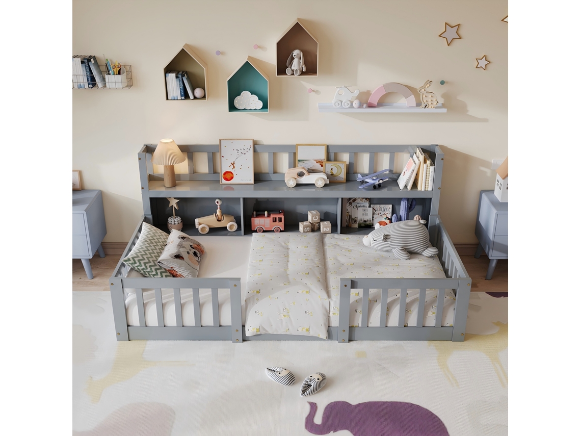 Cama Baixa Infantil Montessori 90x200cm - Prateleira,3 Espaços Armazém,grade Completa,suporte Lastras,cinza,ROSAHQNDA