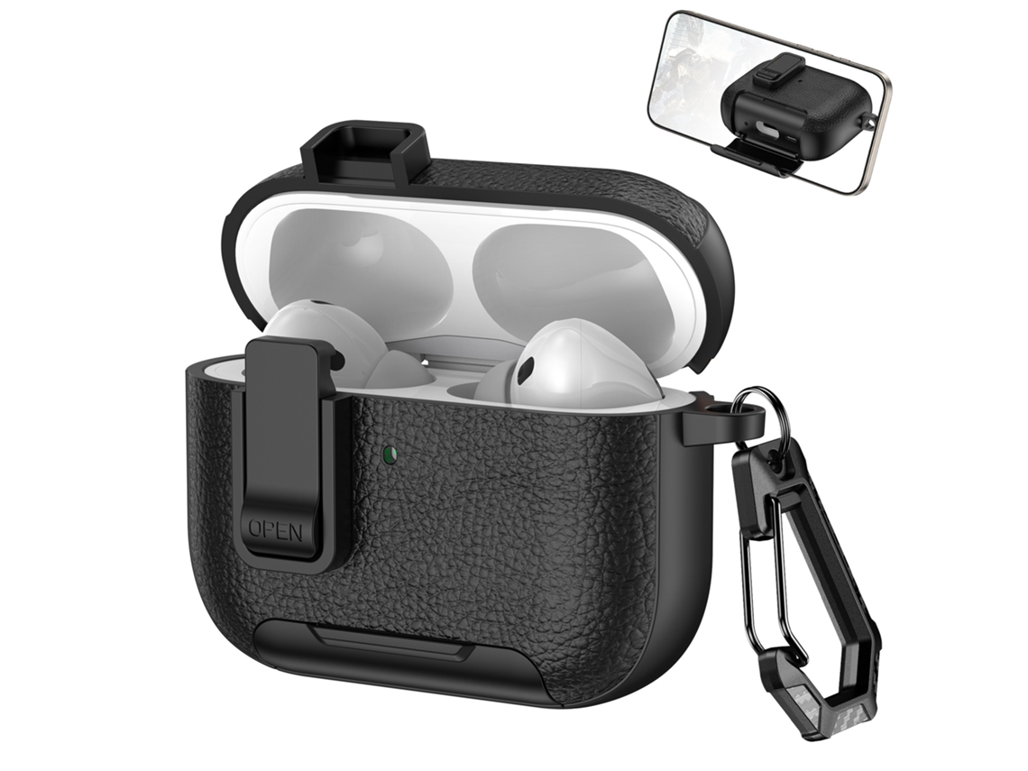 Capa em Couro Vegano para Airpods Pro 2, com Mosquetão, compatível com Carregamento Sem Fio, Preta