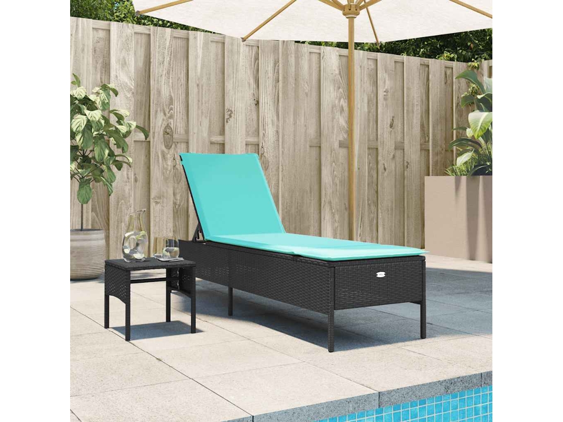 Vidaxl Espreguiçadeira Com Mesa E Almofada Em Rattan Sintético Preto