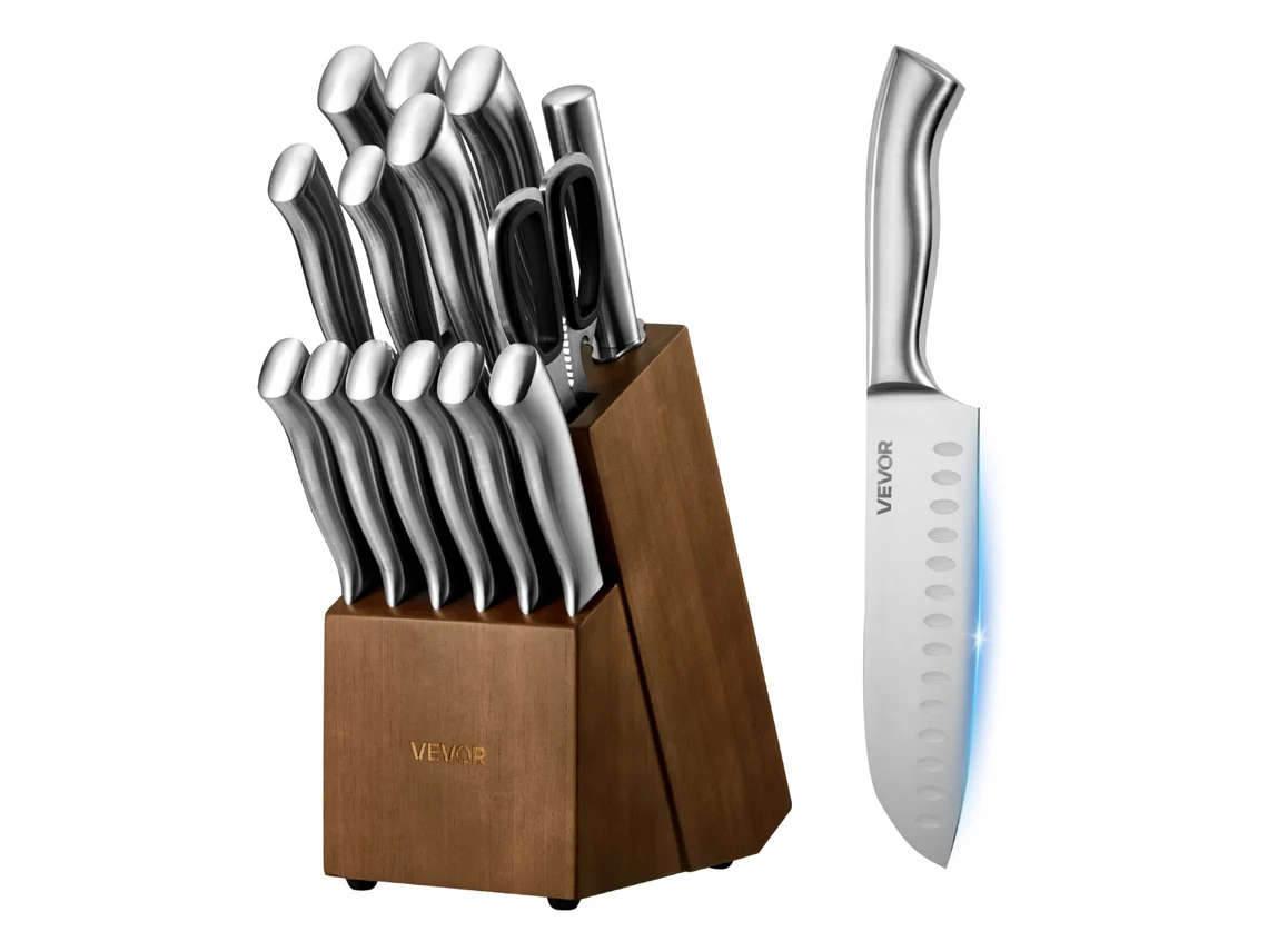 Conjunto De Facas De Cozinha Com Cabo Ergonómico E Bloco De Madeira Vevor 15 Unidades