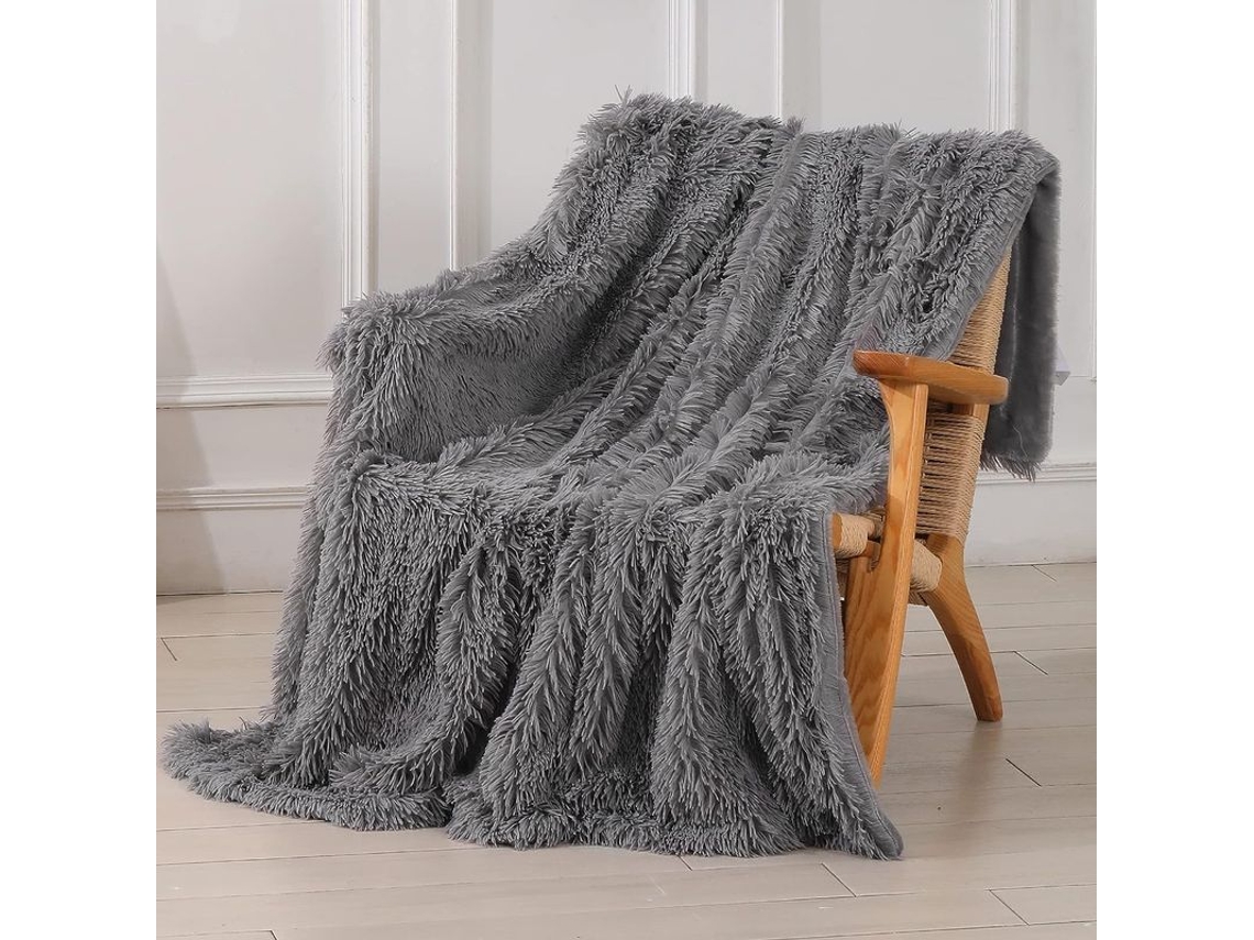 Nova Line manta Decorativa de Pelo Falso Macio Super Fluffy 130x160cm, Cinza Escuro, Reversível para Sofá e Quarto