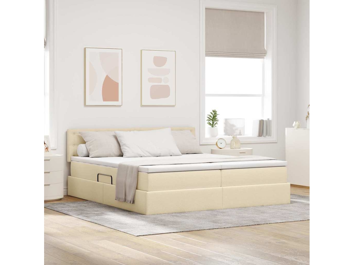 Vidaxl Cama De Armazenamento Led Com Colchão Creme 200 X 200 Cm Tecido
