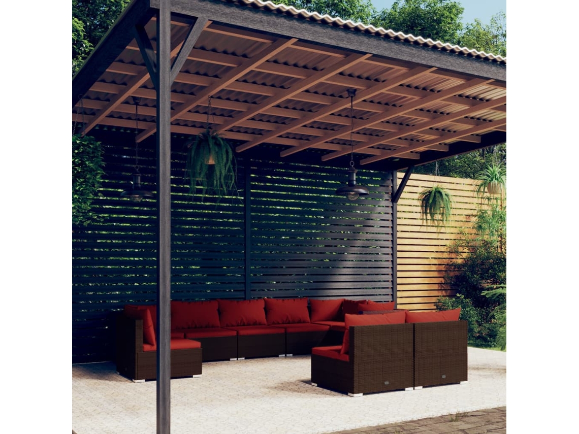 Vidaxl 9 Pcs Conjunto Lounge Jardim C/ Almofadões Vime Pe Castanho