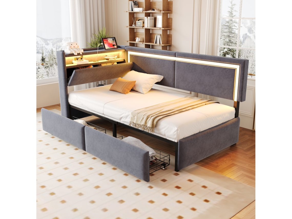 Sofá Cama 90x200 Cm Veludo Cinza Escuro Com Led Usb Armário Gaveta