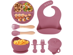 Conjunto de Alimentação para Bebê em Silicone, 8 Peças, Incluindo Ventosa, Tigela, Babador, Colher, Garfo e Copo com Canudo Vermelho PANOONA