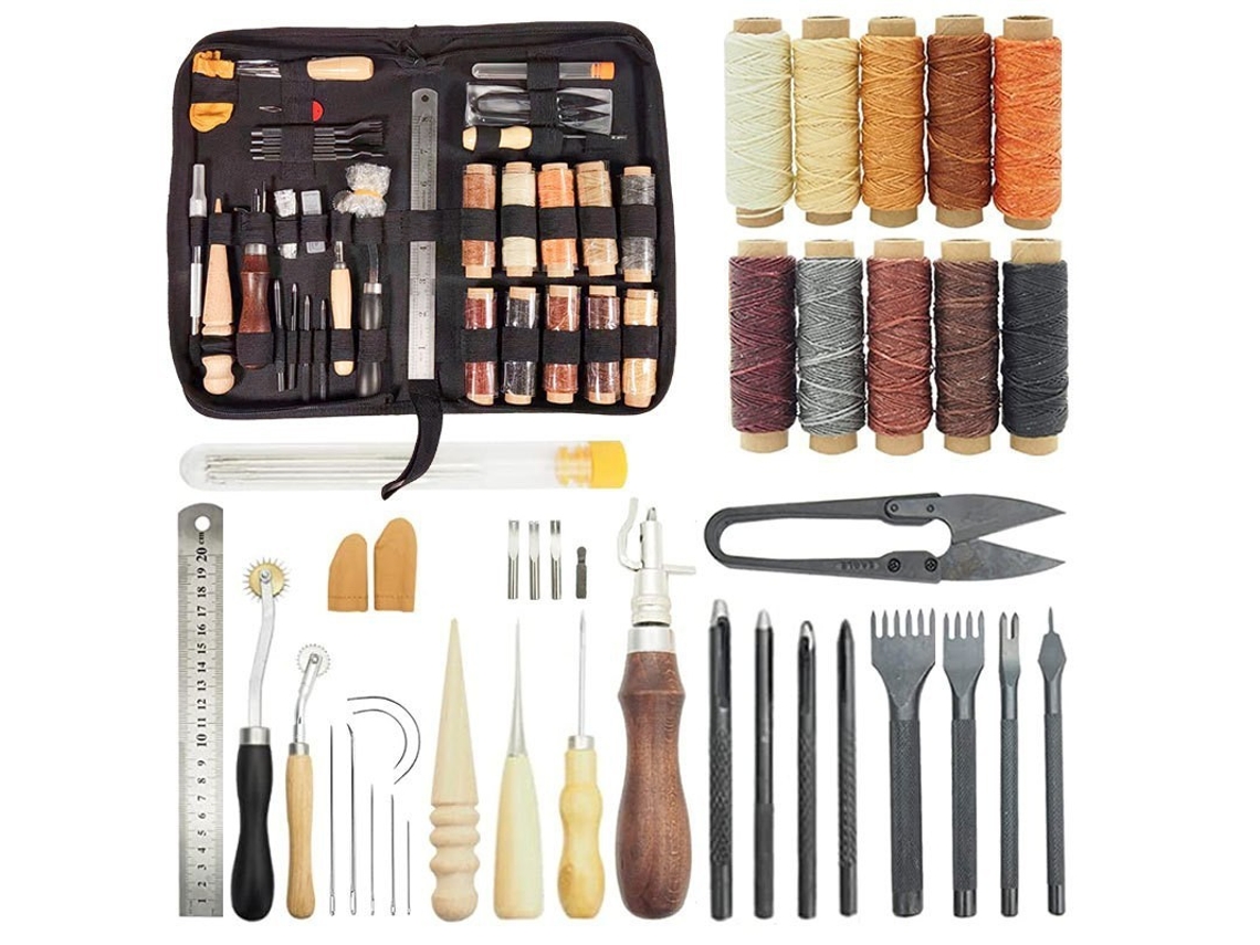Kit de Ferramentas de Couro com 40 Peças, Kit de Artesanato em Couro, Ferramentas Manuais para Couro, Linha Encerada, Furador, Diy, Costura AQUAFORGE