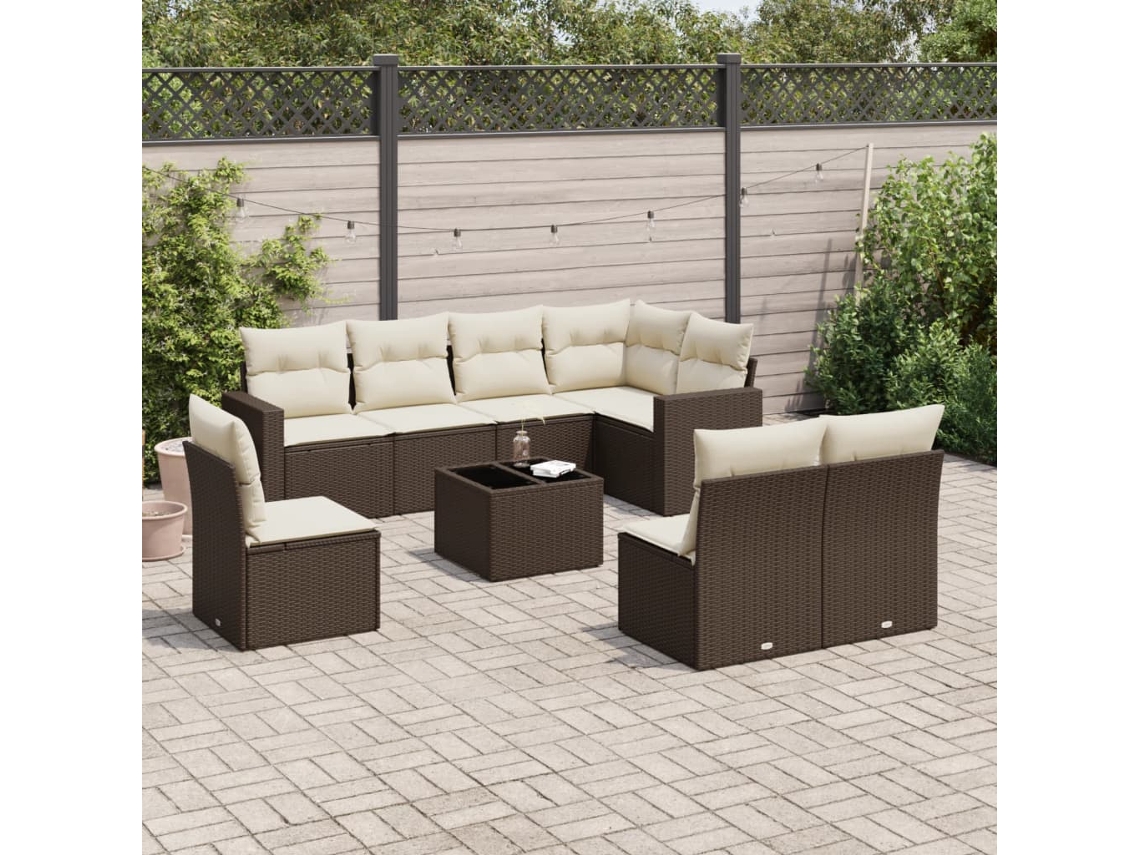Vidaxl 9 Pcs Conjunto Sofás P/ Jardim C/ Almofadões Vime Pe Castanho
