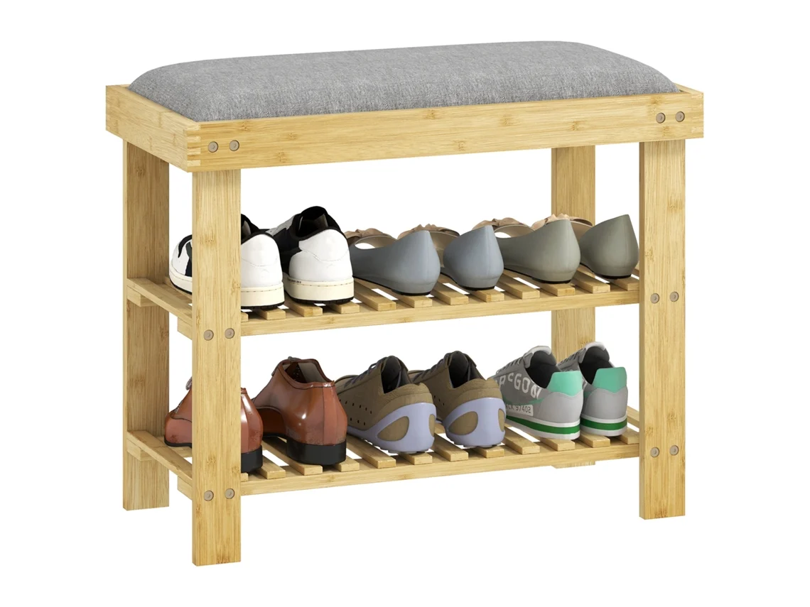 Banco de sapatos com assento, bambu, 2 compartimentos, 60x29x49 cm, cinza S/MARCA