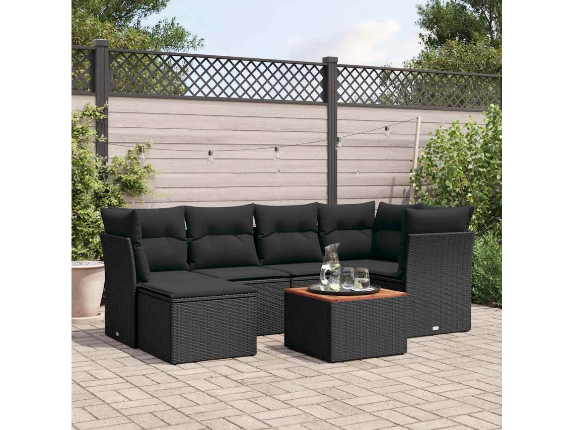 Vidaxl 7 Pcs Conjunto De Sofás P/ Jardim C/ Almofadões Vime Pe Preto