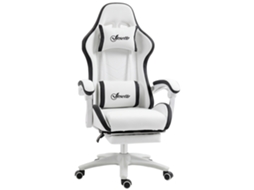 Cadeira Gaming De Couro Pu Com Altura Ajustável Reclinável 135° E Apoio Para Os Pés Retrátil 65x65x121-129 Cm Branco E Preto