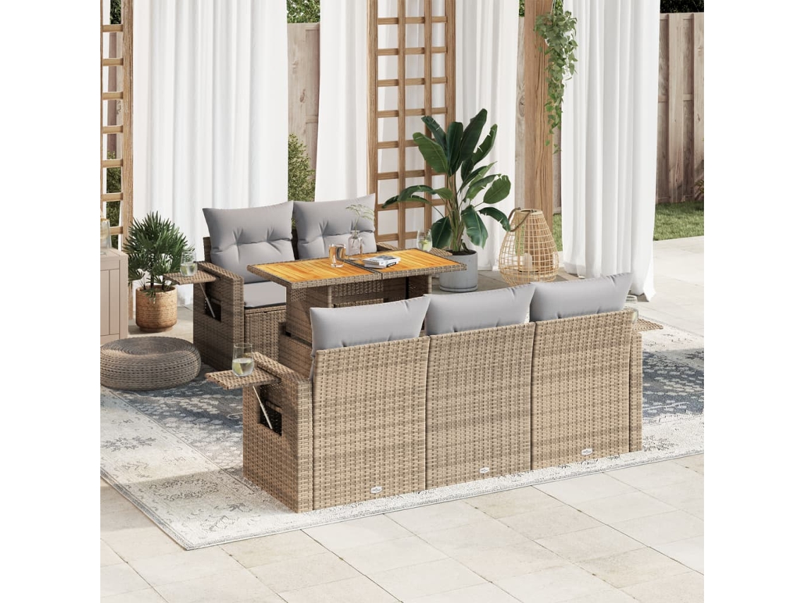 Vidaxl 6 Pcs Conjunto De Sofás P/ Jardim Com Almofadões Vime Pe Bege