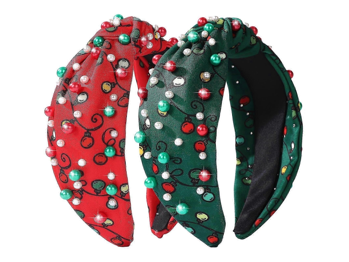 Conjunto 2 Faixas De Cabelo Natalinas, Nó Vermelho E Verde, Decoração Com Pérolas