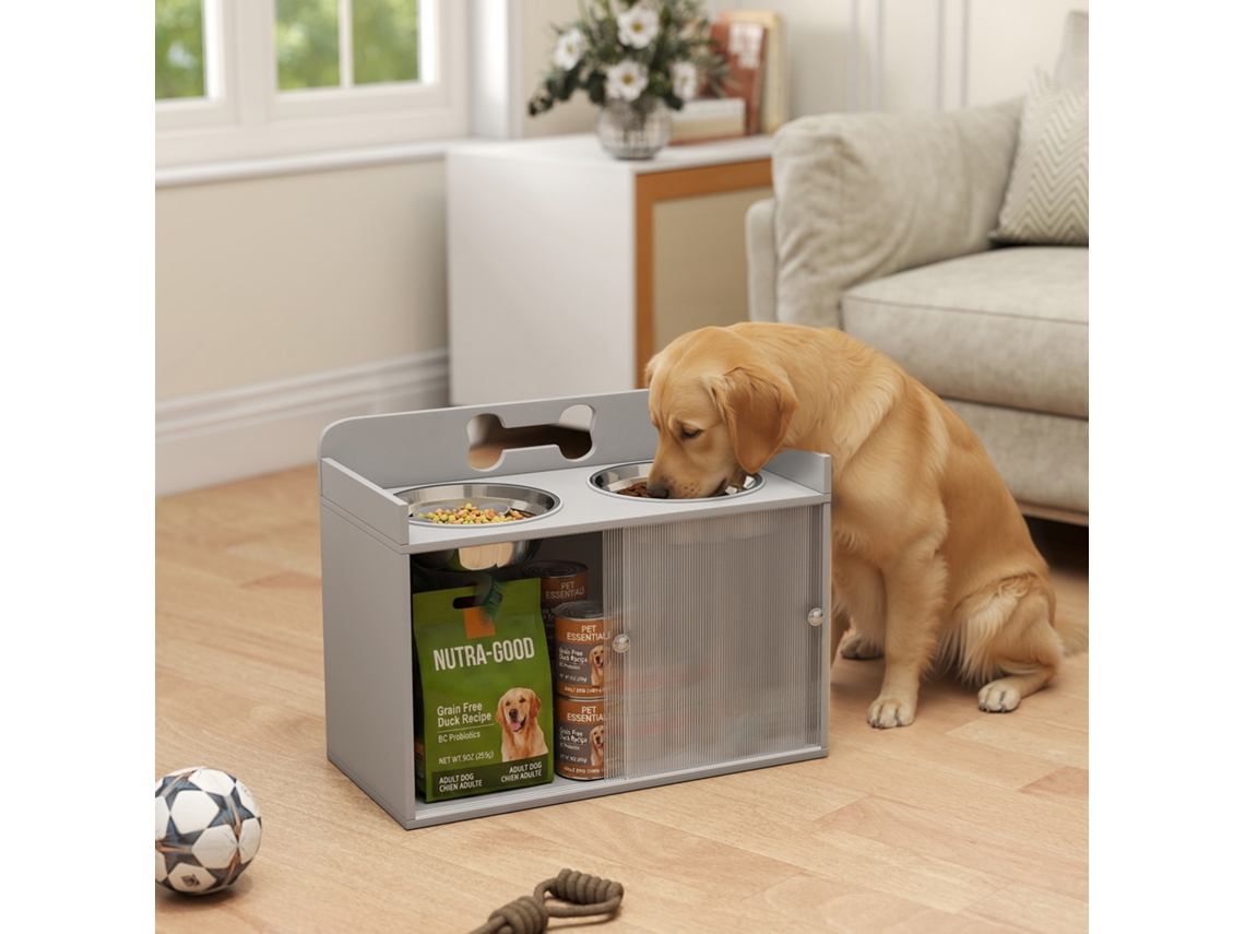 Raised 2 Bowl Feeder With Cabinet Mdf Stainless Steel Bone Pattern Gray
