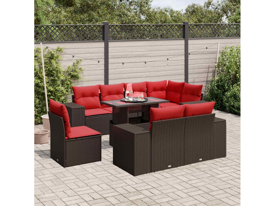 Vidaxl Conjunto De Sofá De Jardim Com 9 Peças E Almofadas Em Rattan Sintético Marrom